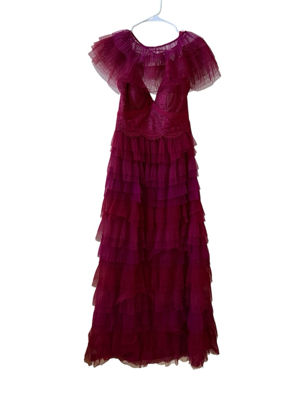 MARCHESA NOTTE Tulle Ruffled Evening Maxi Dress Berry Sz 4 - Picture 5 of 9